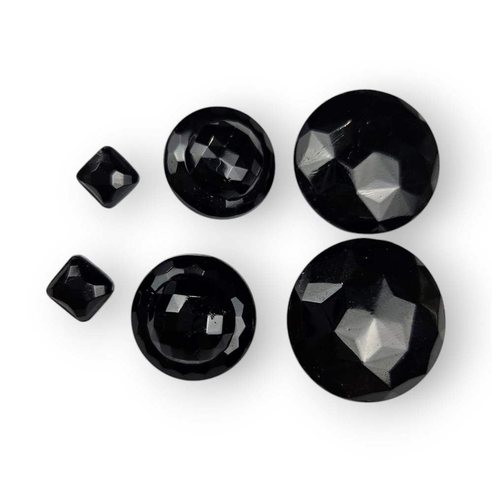 Antique Victorian Buttons Lot 6 Piece Faceted Black Glass Square Round 3 Sets